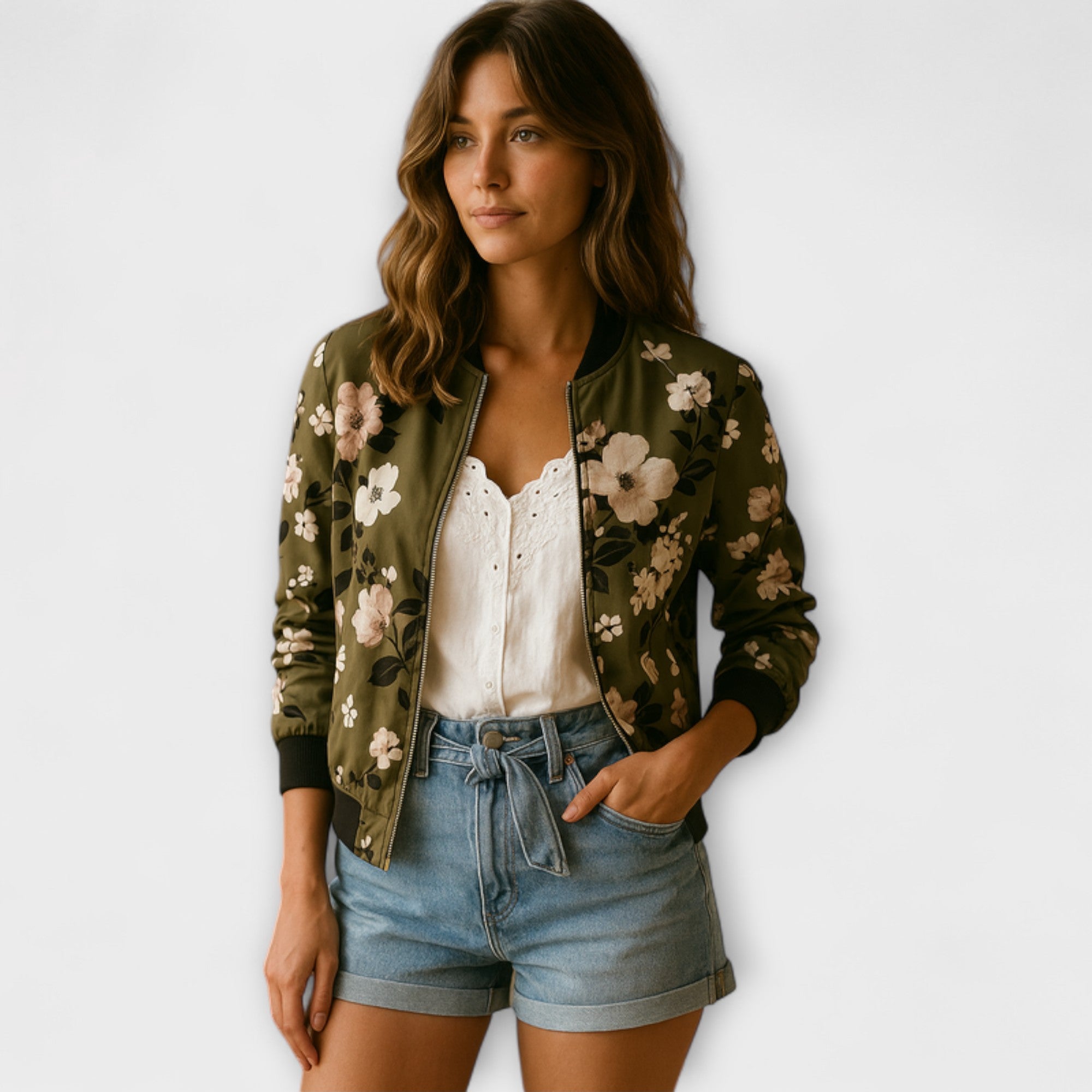 Andreia - Elegantiška bomber striukė su gėlių raštu