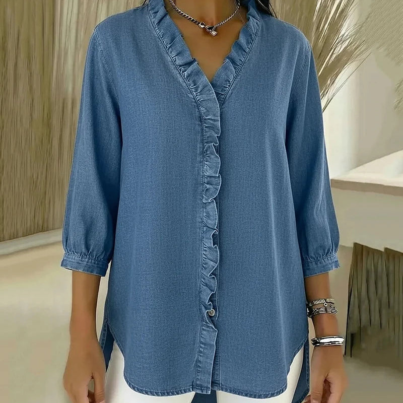 Blusa su V formos iškirpte, nėriniais ir minkštu prisilietimu