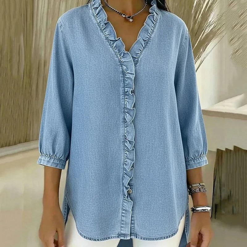 Blusa su V formos iškirpte, nėriniais ir minkštu prisilietimu