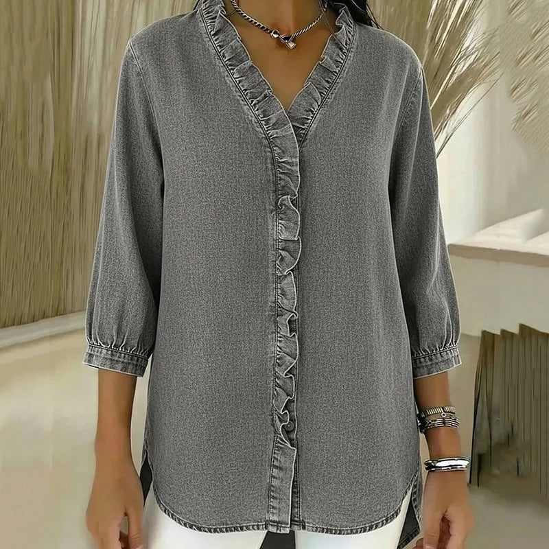 Blusa su V formos iškirpte, nėriniais ir minkštu prisilietimu